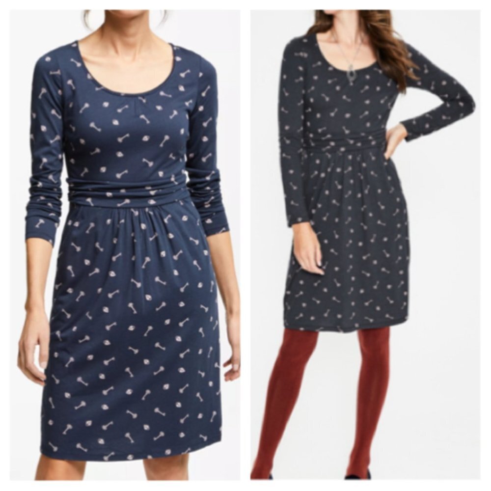Boden Sz 6R Navy Blue Long Sleeve Key‎ Print Ruched Waist Midi